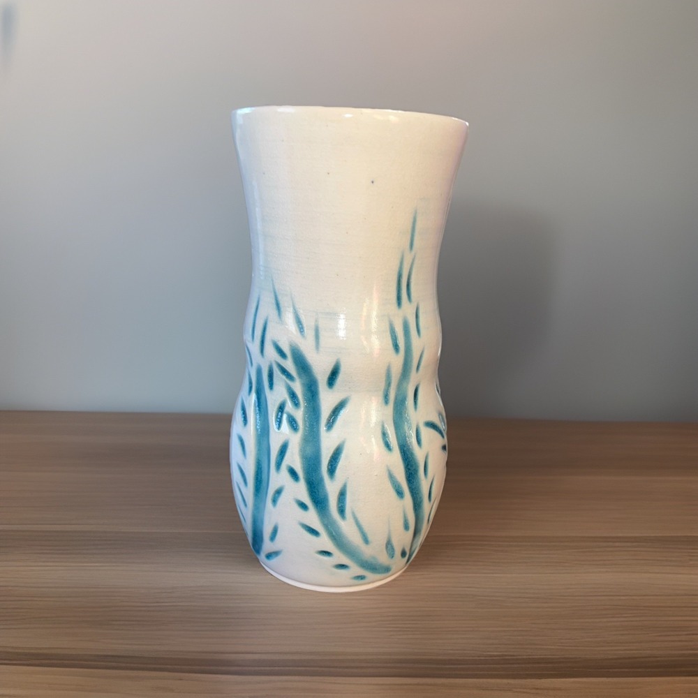 Vintage Stoneware Pottery Ceramic Vase White/teal Signed Kloock '85 Unique 6.5"β